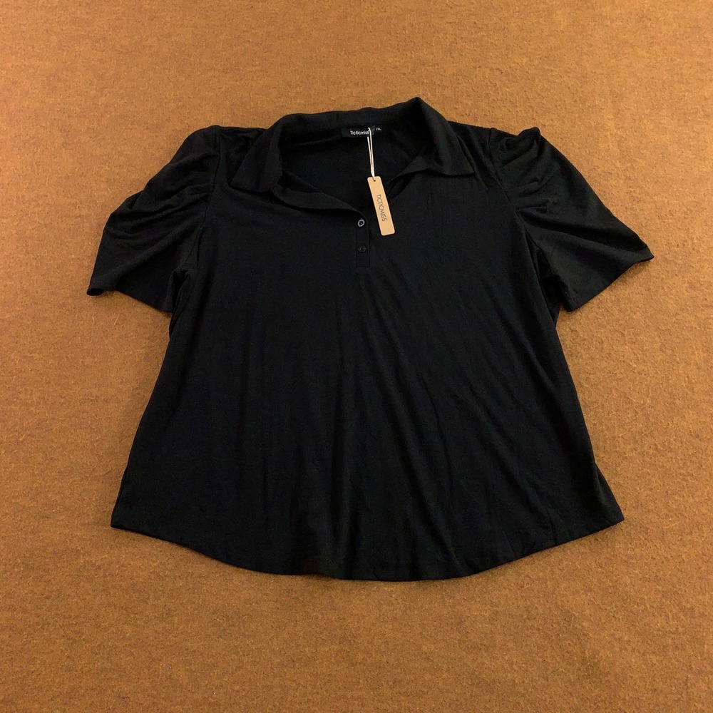Ticticmiss Womens 2XL Black Puff Sleeve Button Polo Shirt NWT